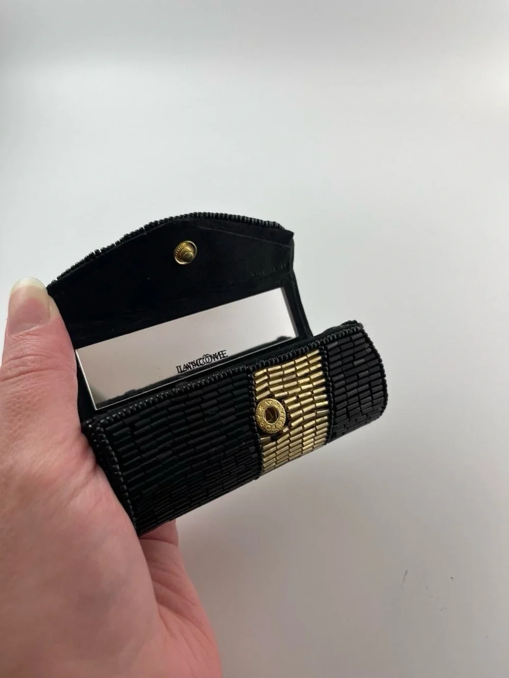 Vintage Lancome Beaded Lipstick Case Black and Gold Compact Mirror